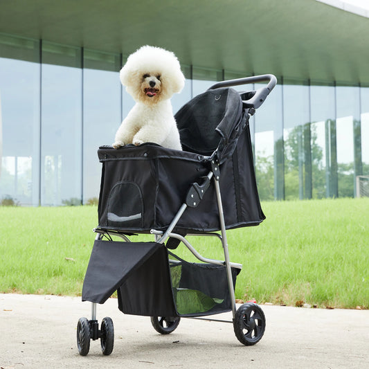 3 Wheel Foldable Pet Stroller Shock Absorbing Wheels Storage Basket
