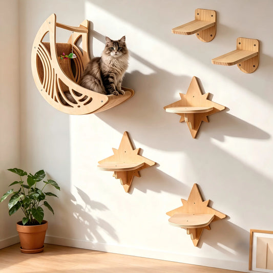 CWV Wall Mounted Cat Shelves Set Moon Hammock Star Perches