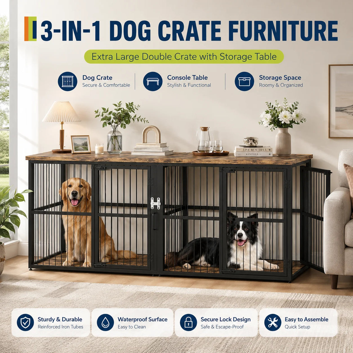 Sturdy Wooden Double Dog Crate Furniture With Divider and Storage