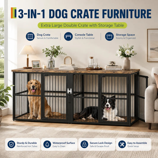 Sturdy Wooden Double Dog Crate Furniture With Divider and Storage
