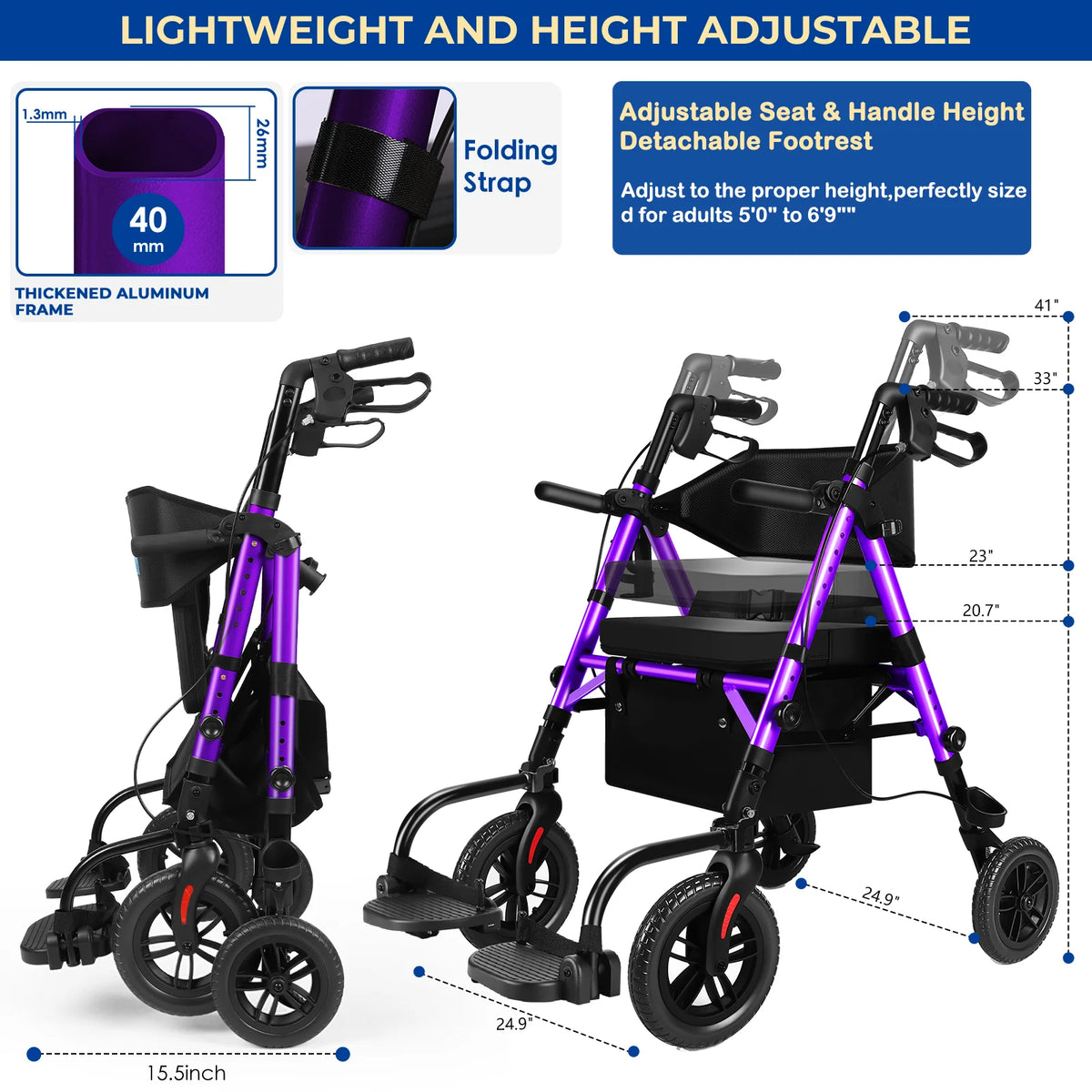 Adjustable 2 In 1 Rollator Walker And Wheelchair Transport Chair