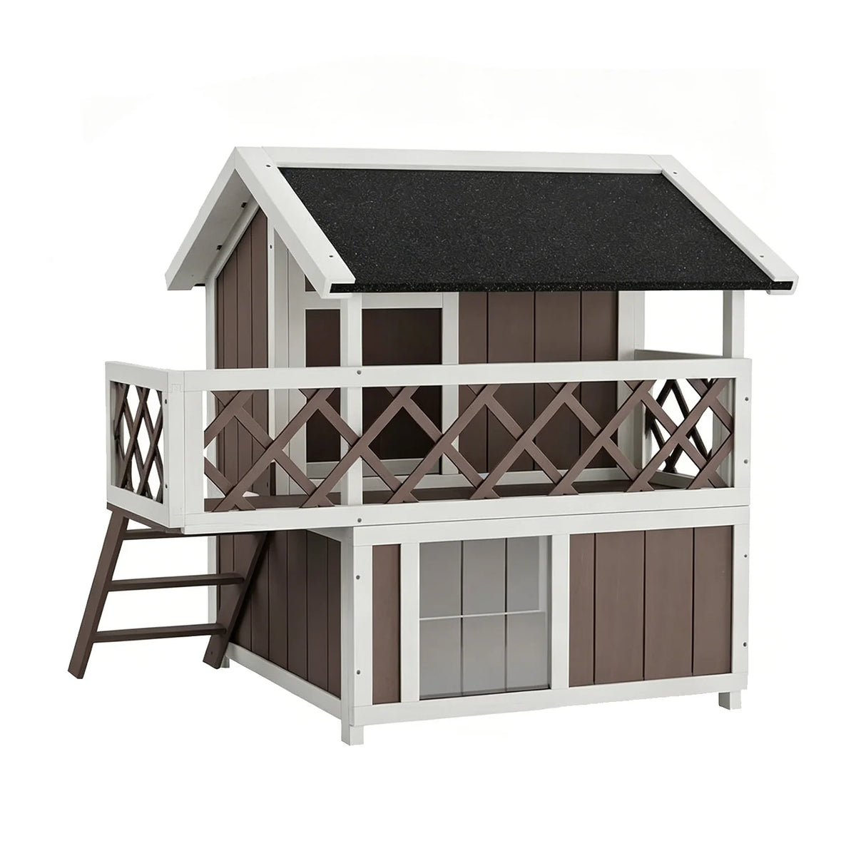 DishyKooker Wooden Two Level Cat House Outdoor Weatherproof Shelter