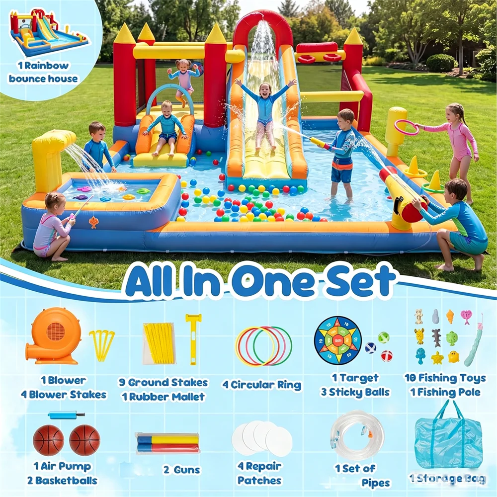 Jump 'N Slide Inflatable Bouncer for Kids, Heavy Duty Blower, Stakes Repair Patches Storage Bag, Indoor Outdoor Bounce House