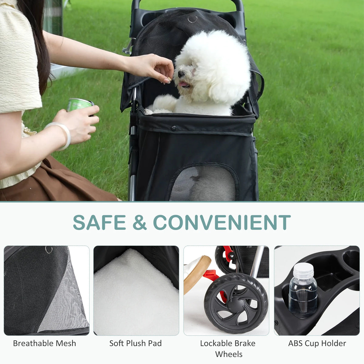 3 Wheel Foldable Pet Stroller Shock Absorbing Wheels Storage Basket