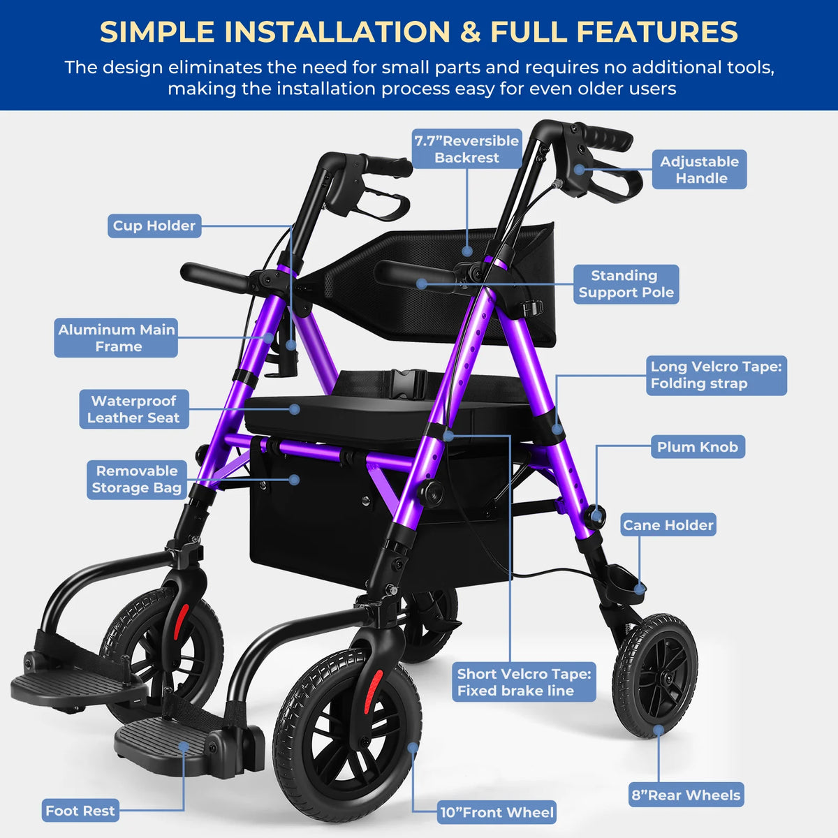 Adjustable 2 In 1 Rollator Walker And Wheelchair Transport Chair