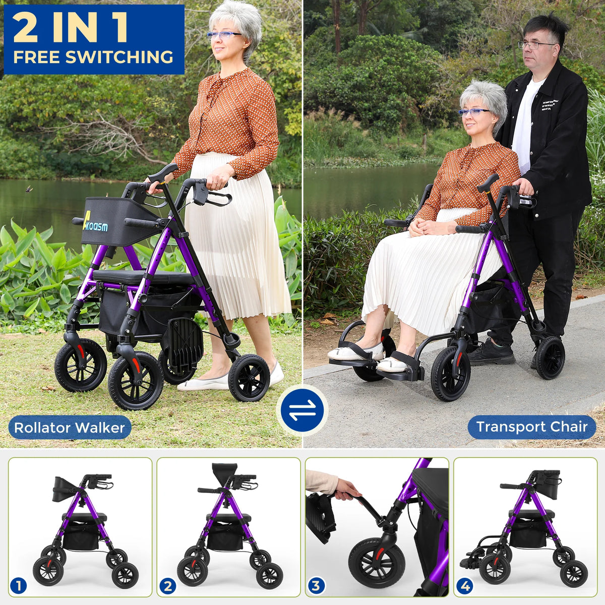 Adjustable 2 In 1 Rollator Walker And Wheelchair Transport Chair