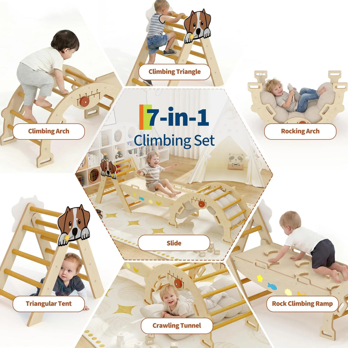 HiMISS Foldable Pikler Triangle Climbing Ramp Wooden Play Set