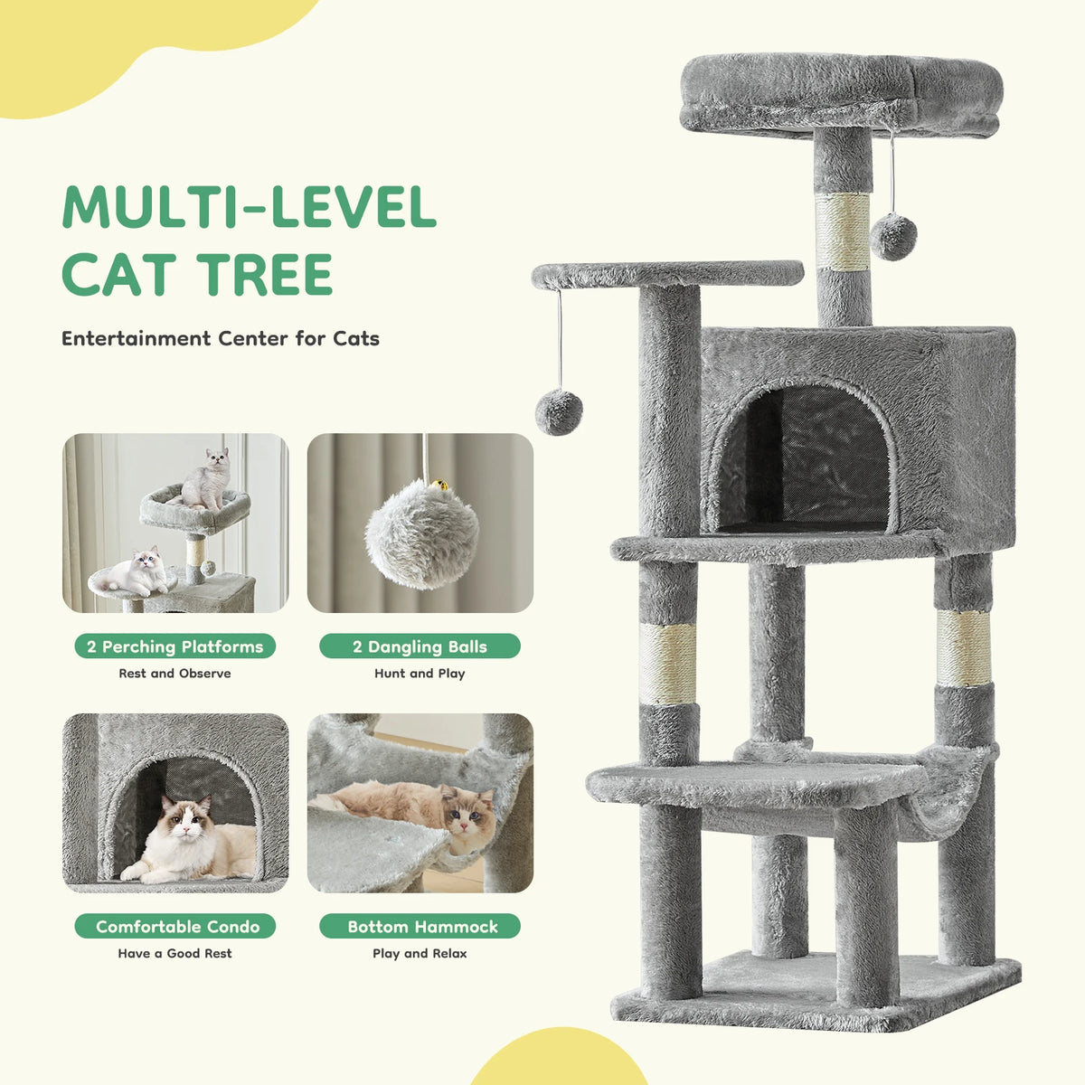 JHK Multifunctional Cat Tree With Natural Sisal Scratching Posts