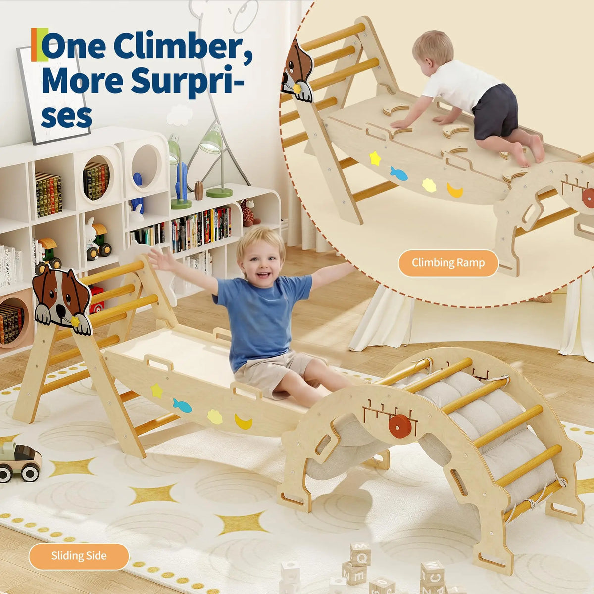 HiMISS Foldable Pikler Triangle Climbing Ramp Wooden Play Set