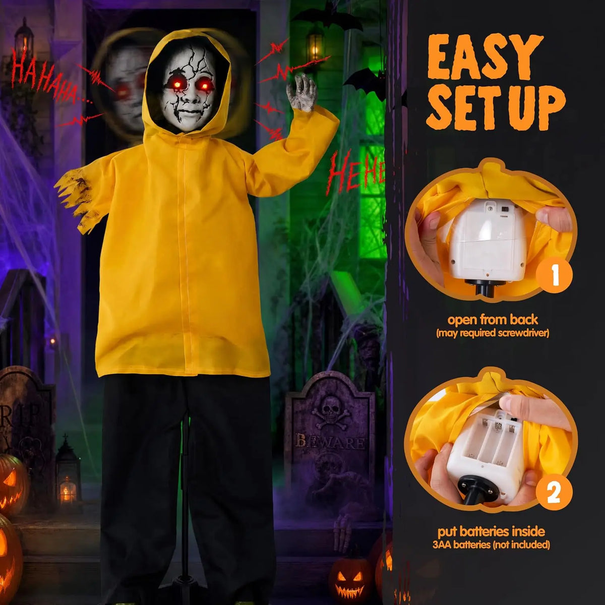 Joyfy Halloween Animatronic Raincoat Boy Outdoor Yard Decorations