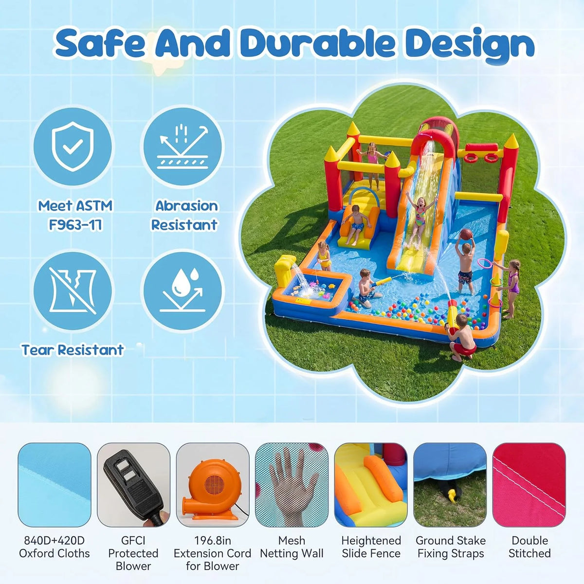 Jump 'N Slide Inflatable Bouncer for Kids, Heavy Duty Blower, Stakes Repair Patches Storage Bag, Indoor Outdoor Bounce House