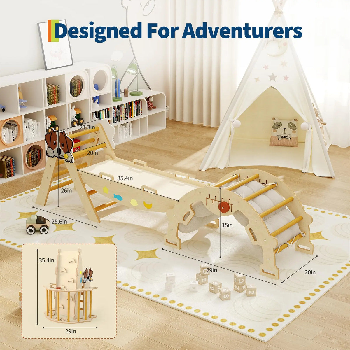 HiMISS Foldable Pikler Triangle Climbing Ramp Wooden Play Set