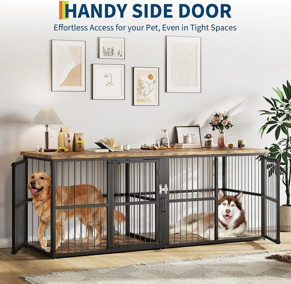 Sturdy Wooden Double Dog Crate Furniture With Divider and Storage