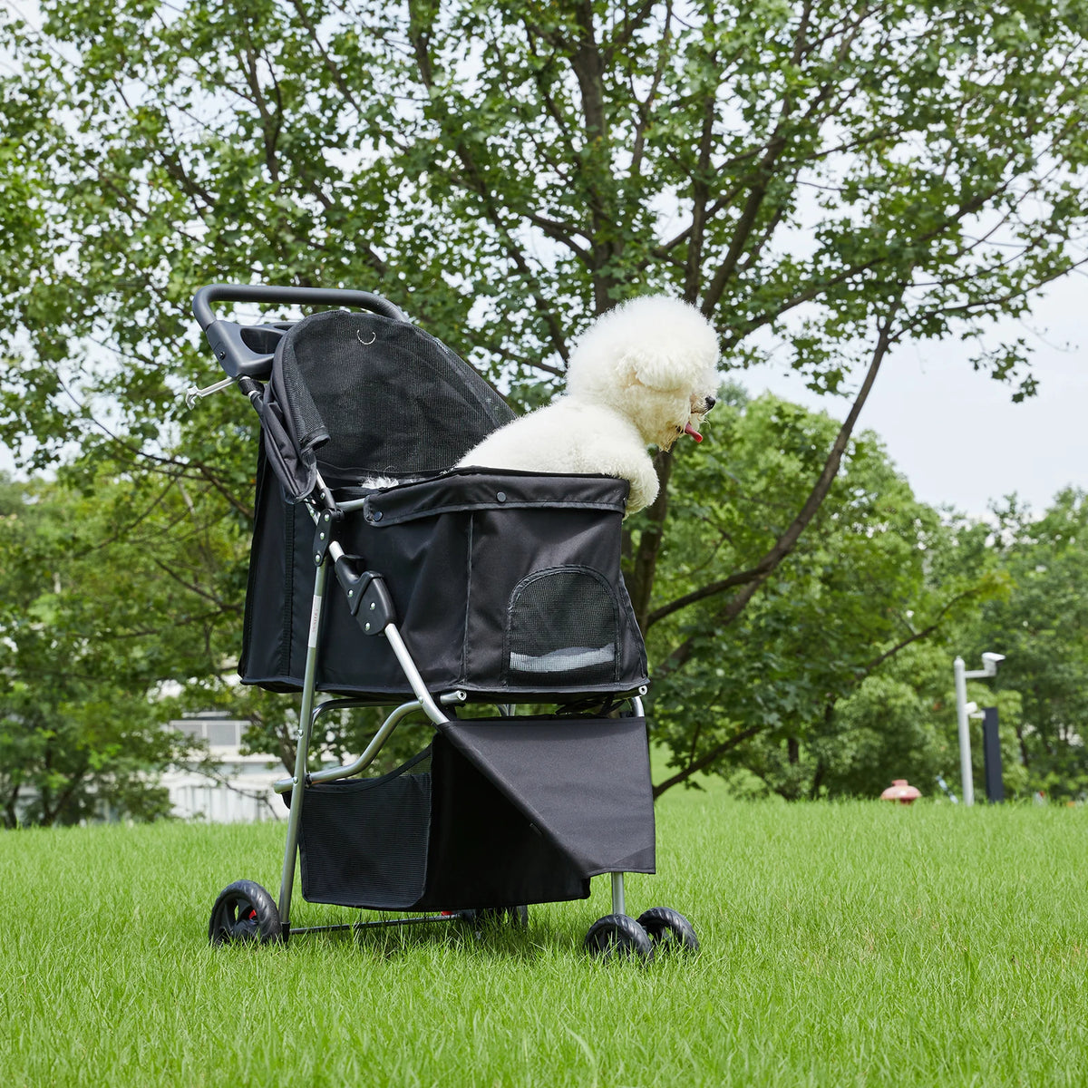 3 Wheel Foldable Pet Stroller Shock Absorbing Wheels Storage Basket