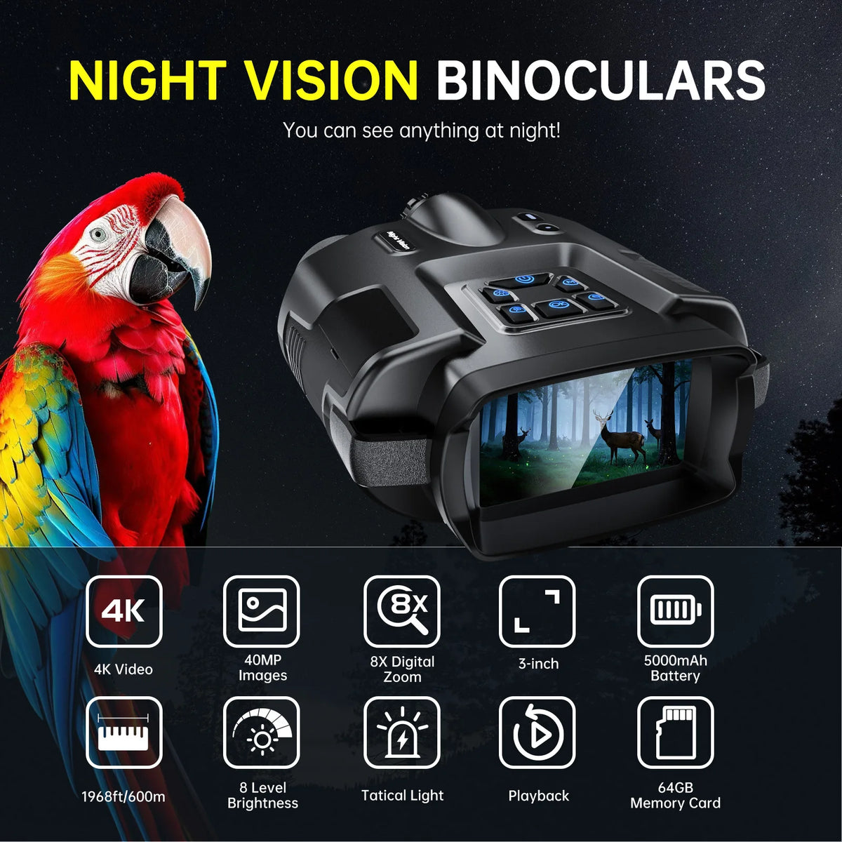 DIYIMIN 4K Infrared Night Vision Binoculars With 8X Digital Zoom