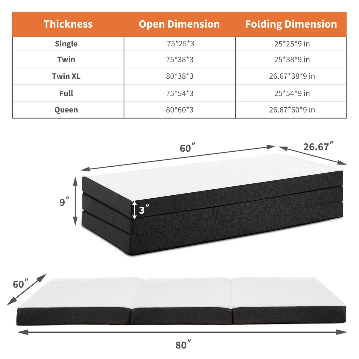 JHK Portable Tri Fold Memory Foam Mattress With Washable Cover