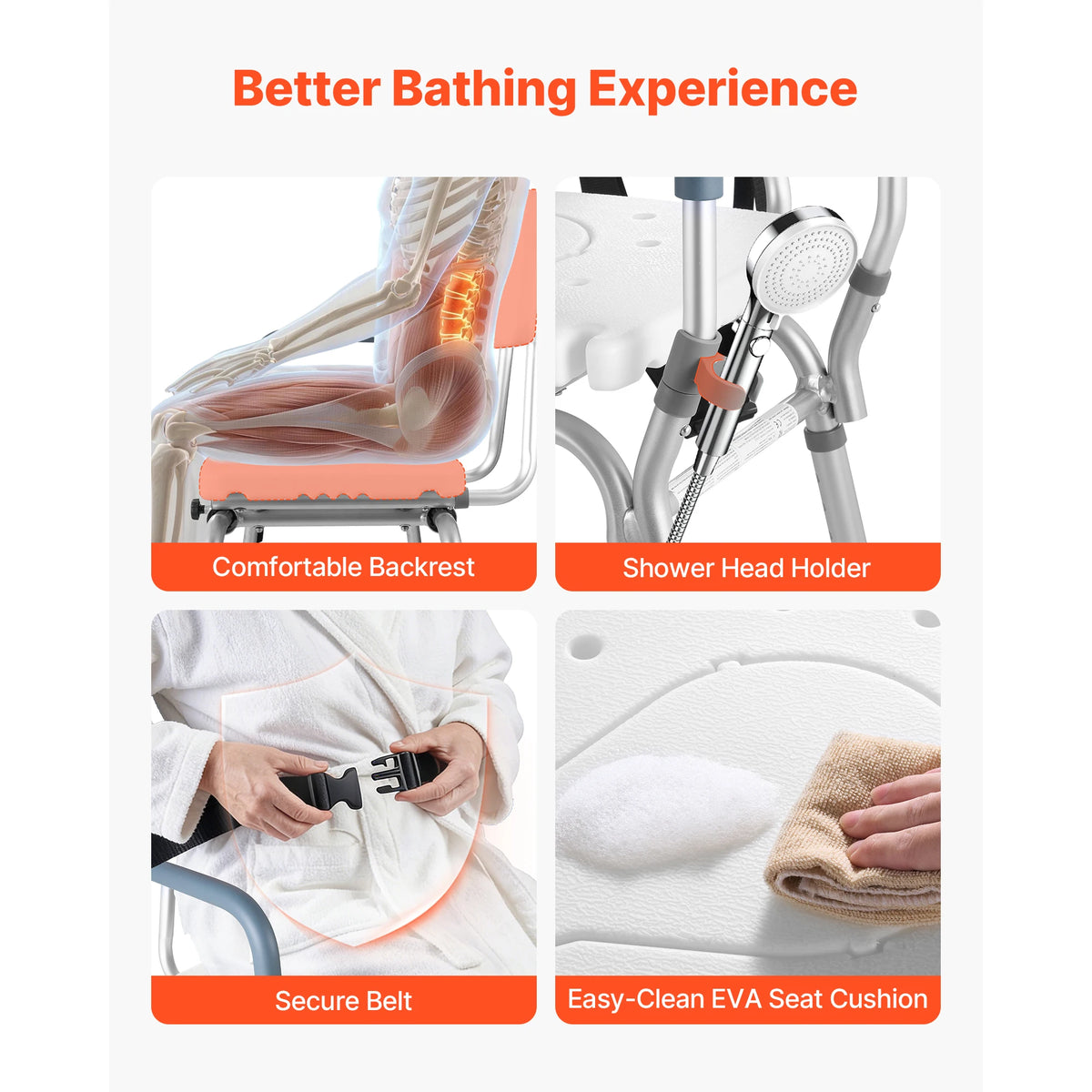 SucceBuy Height Adjustable Shower Bench With Armrests And Backrest