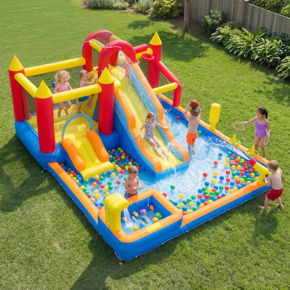 Jump 'N Slide Inflatable Bouncer for Kids, Heavy Duty Blower, Stakes Repair Patches Storage Bag, Indoor Outdoor Bounce House