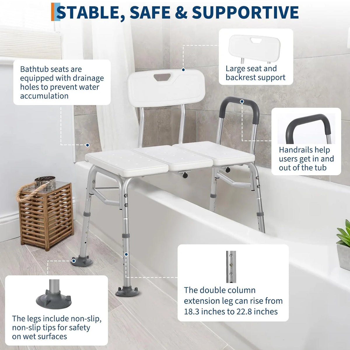 HiMISS Height Adjustable Shower Bench With Backrest For Bathtubs