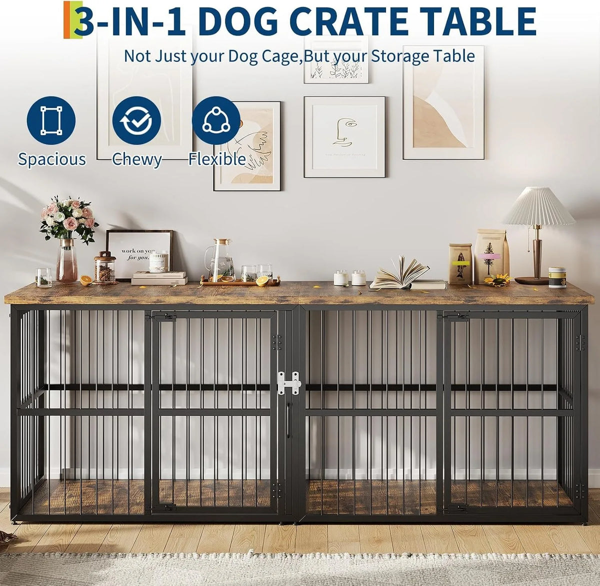 Sturdy Wooden Double Dog Crate Furniture With Divider and Storage