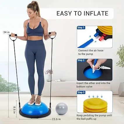 Half Exercise Ball With Non Slip Base And Resistance Bands