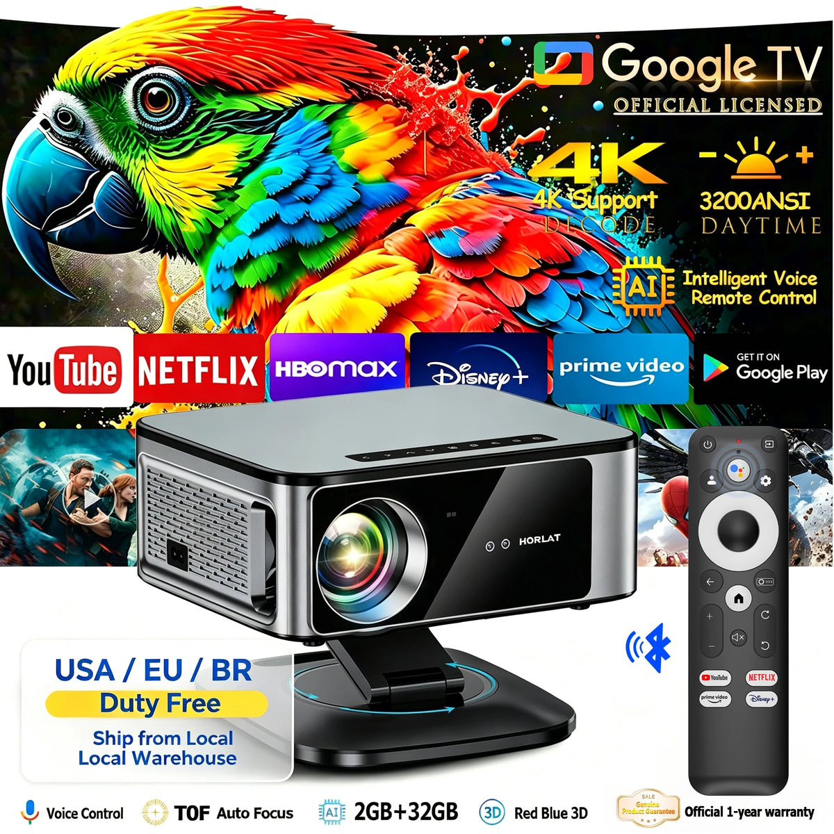 HORLAT 4K Android Smart WiFi Portable Home Theater Projector