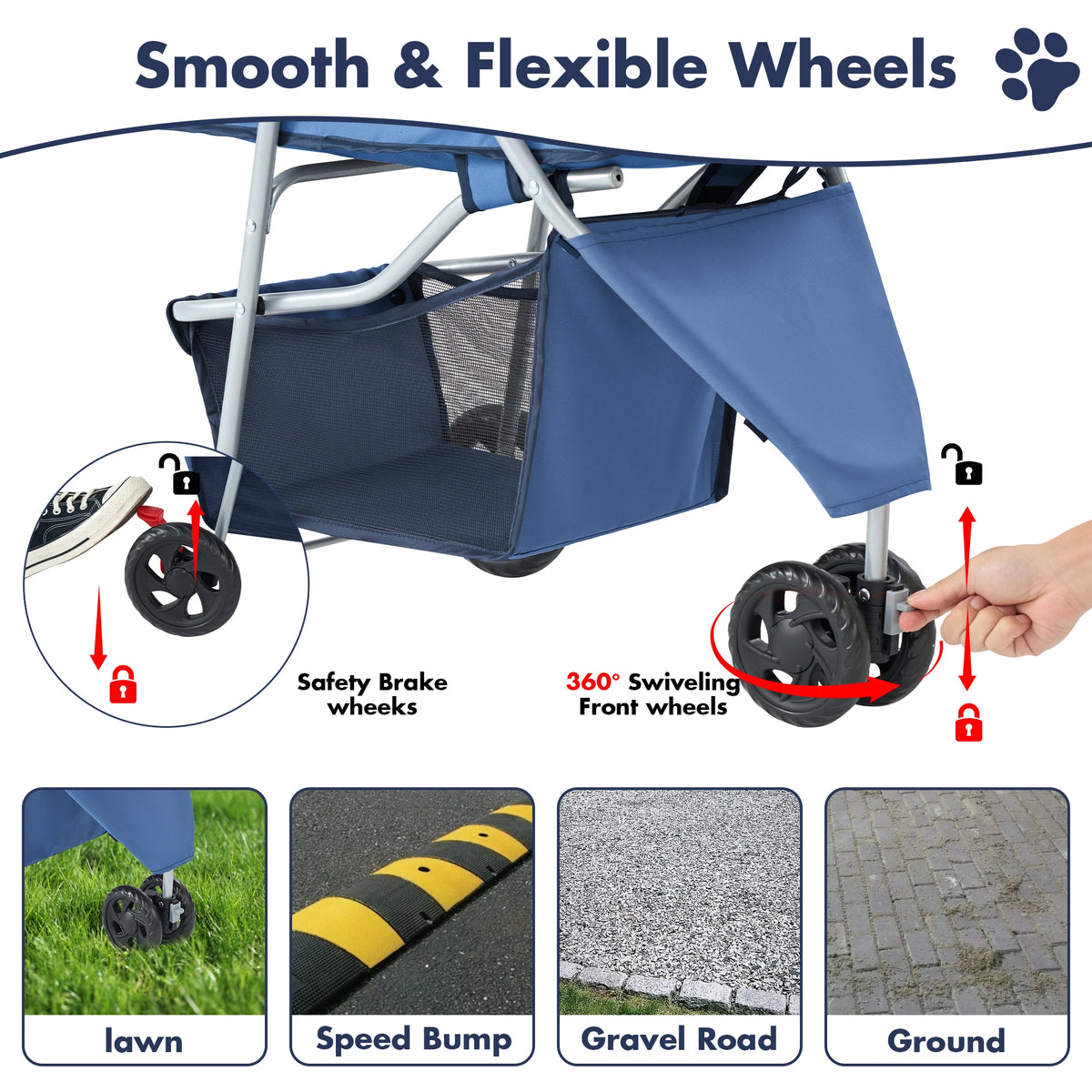 3 Wheel Foldable Pet Stroller Shock Absorbing Wheels Storage Basket