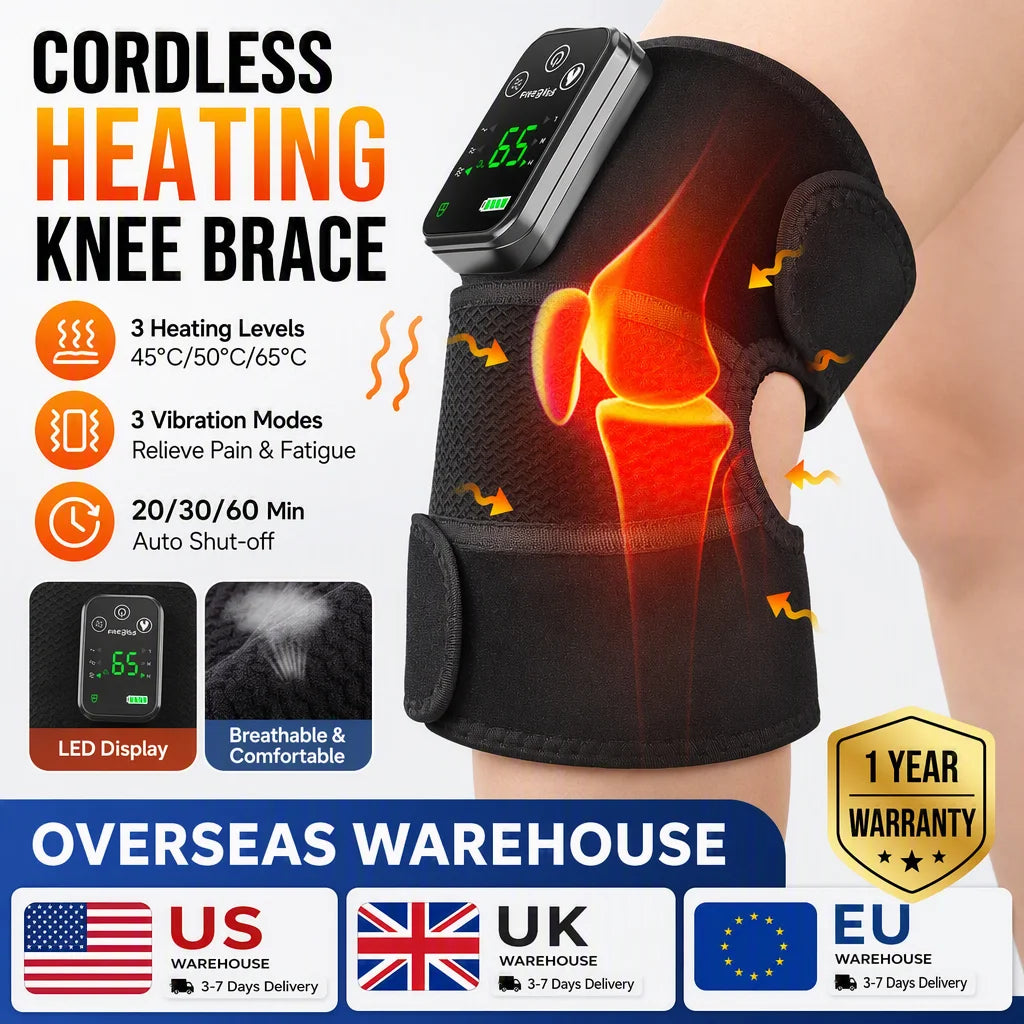 Cordless Knee Massager with Heat Vibration for Pain Relief, Electric Heated Knee Brace with 3 Heat Levels and 3 Massage Mode, 3 in 1 Shoulder Knee Elbow