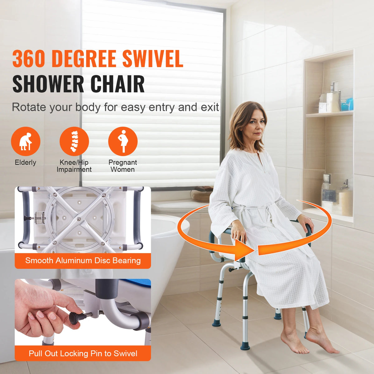 SucceBuy Swivel Shower Chair With Arms, Backrest And Nonslip Seat
