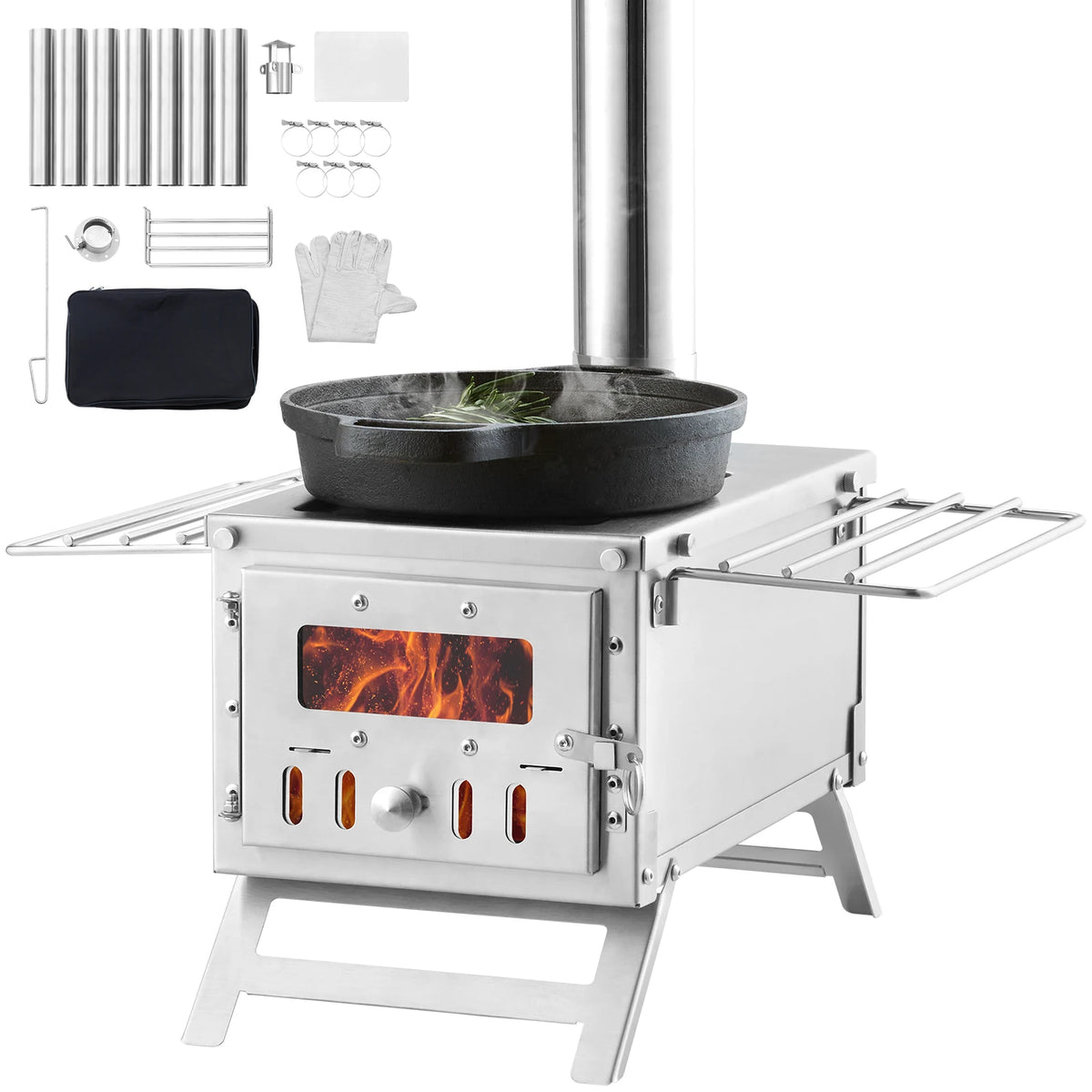 SucceBuy Wood Stove 80 in Stainless Steel Camping Tent Stove Portable Burning Stove with Chimney Pipes & Gloves 700in³Firebox