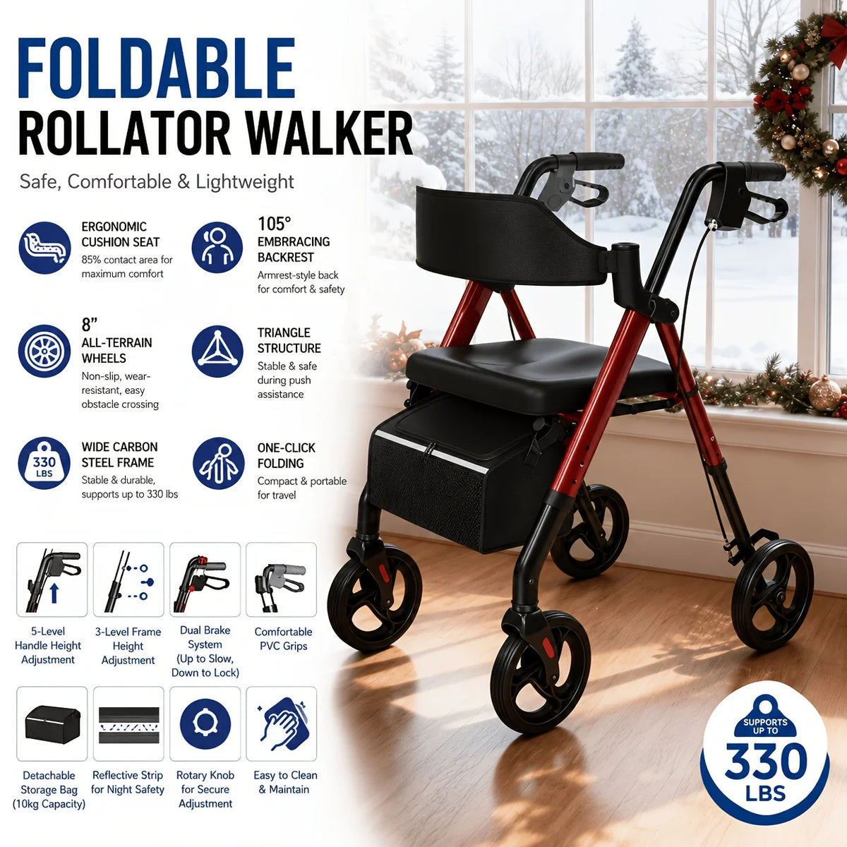 Foldable Aluminum Rollator Walker With Comfort Seat For Seniors
